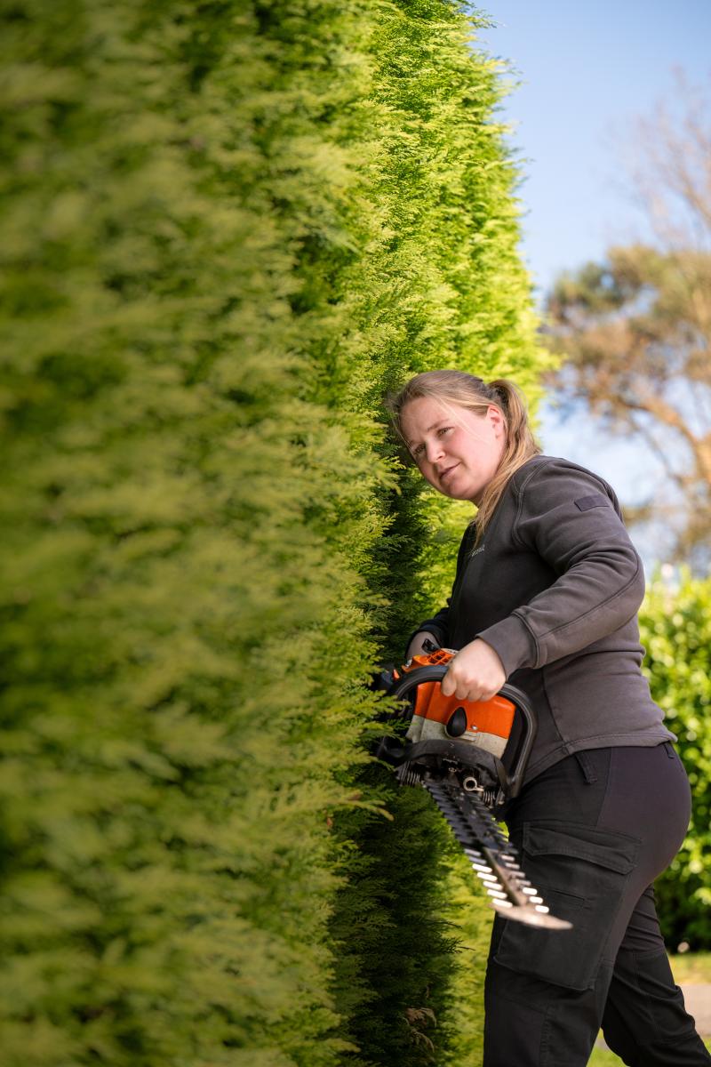 vrouw die een haag snoeit