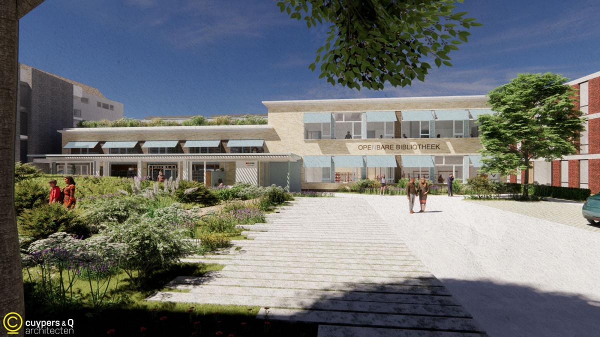 Het nieuwe vooraanzicht van de bib. De rechtervleugel blijft behouden. Op de plaats van de oude turnzaal komt een nieuwbouw.