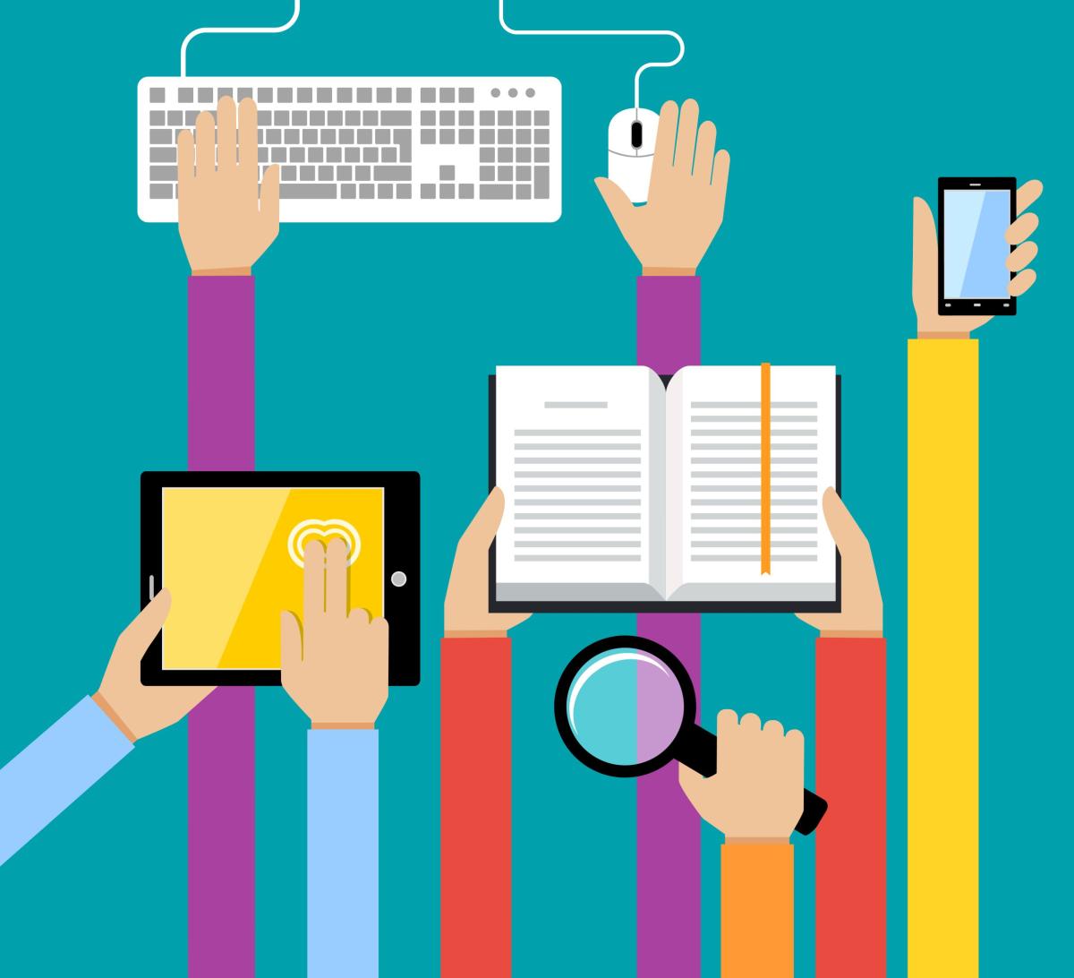 een tekening van handen die werken met muis, toetsenbord, computer en laptop