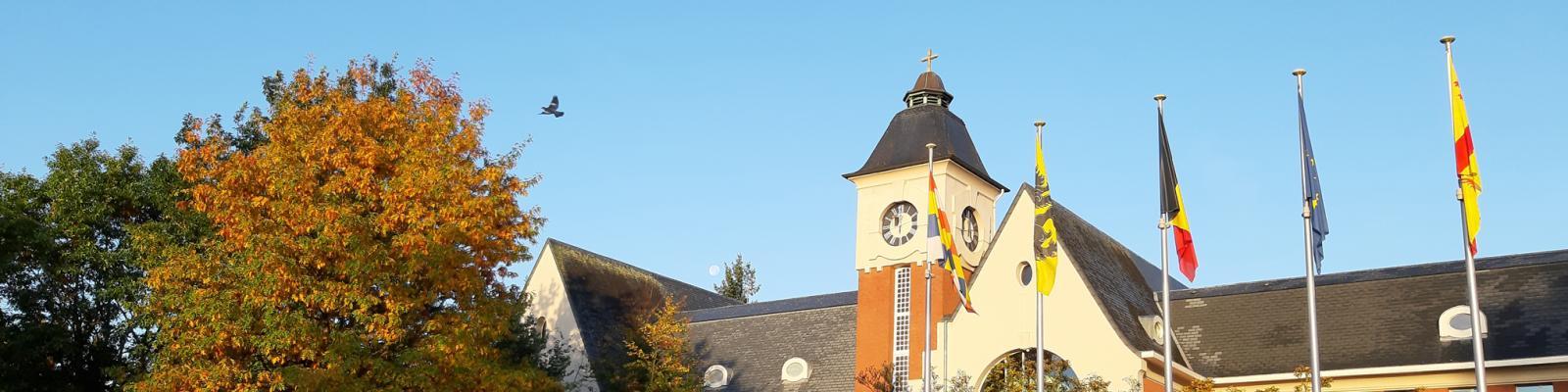 dak van administratief centrum met boom en vogel