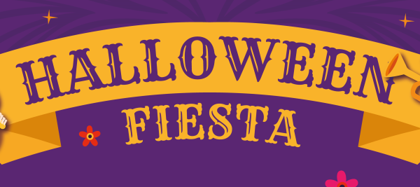Banner met de titel 'Halloween Fiësta' en twee figuren en de stijl van het evenement