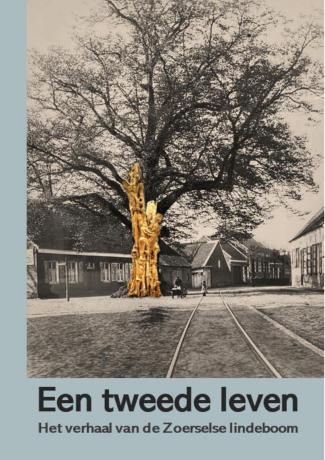 Oude foto van de Lindeboom met daarop een montage van de gebeeldhouwde boom
