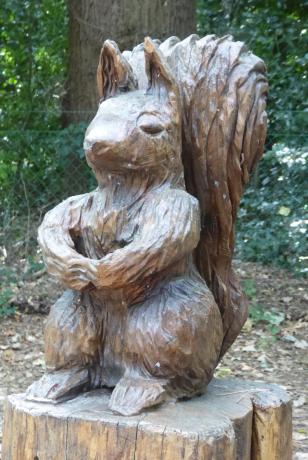Mooie houten eekhoorn langs je parcours.