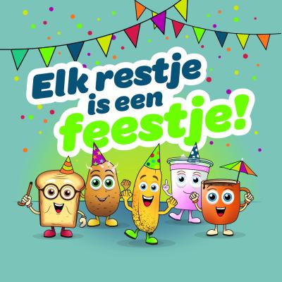 een tekening van voedselresten die, met hoedjes op hun hoofd en slingers, een feestje bouwen.