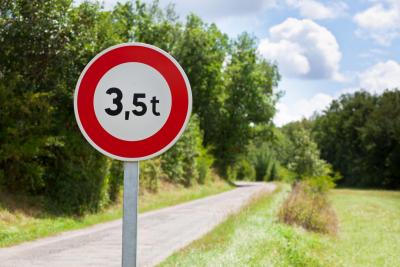 een verkeersbord met de melding 'verboden voor voertuigen zwaarder dan 3,5 ton' staat aan het begin van een landweg, omgeven door groen.