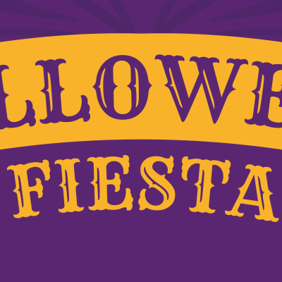 Banner met de titel 'Halloween Fiësta' en twee figuren en de stijl van het evenement
