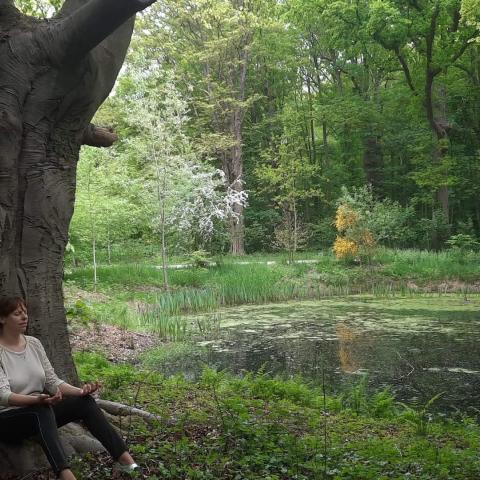 Vrouw zit tegen hele grote boom in de natuur te genieten van de stilte.