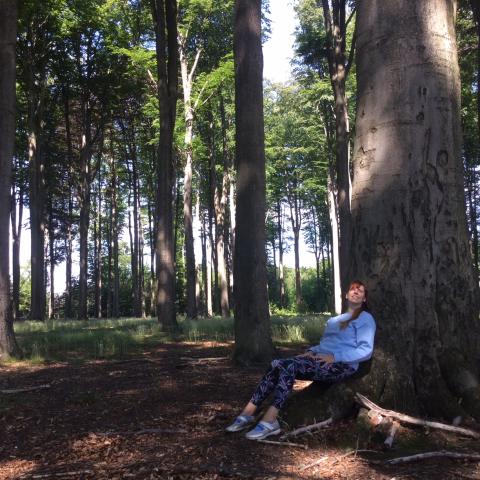 Vrouw zit tegen hele grote boom in de natuur te genieten van de stilte.