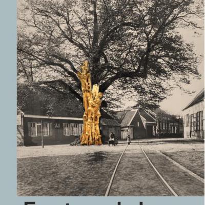 Oude foto van de Lindeboom met daarop een montage van de gebeeldhouwde boom